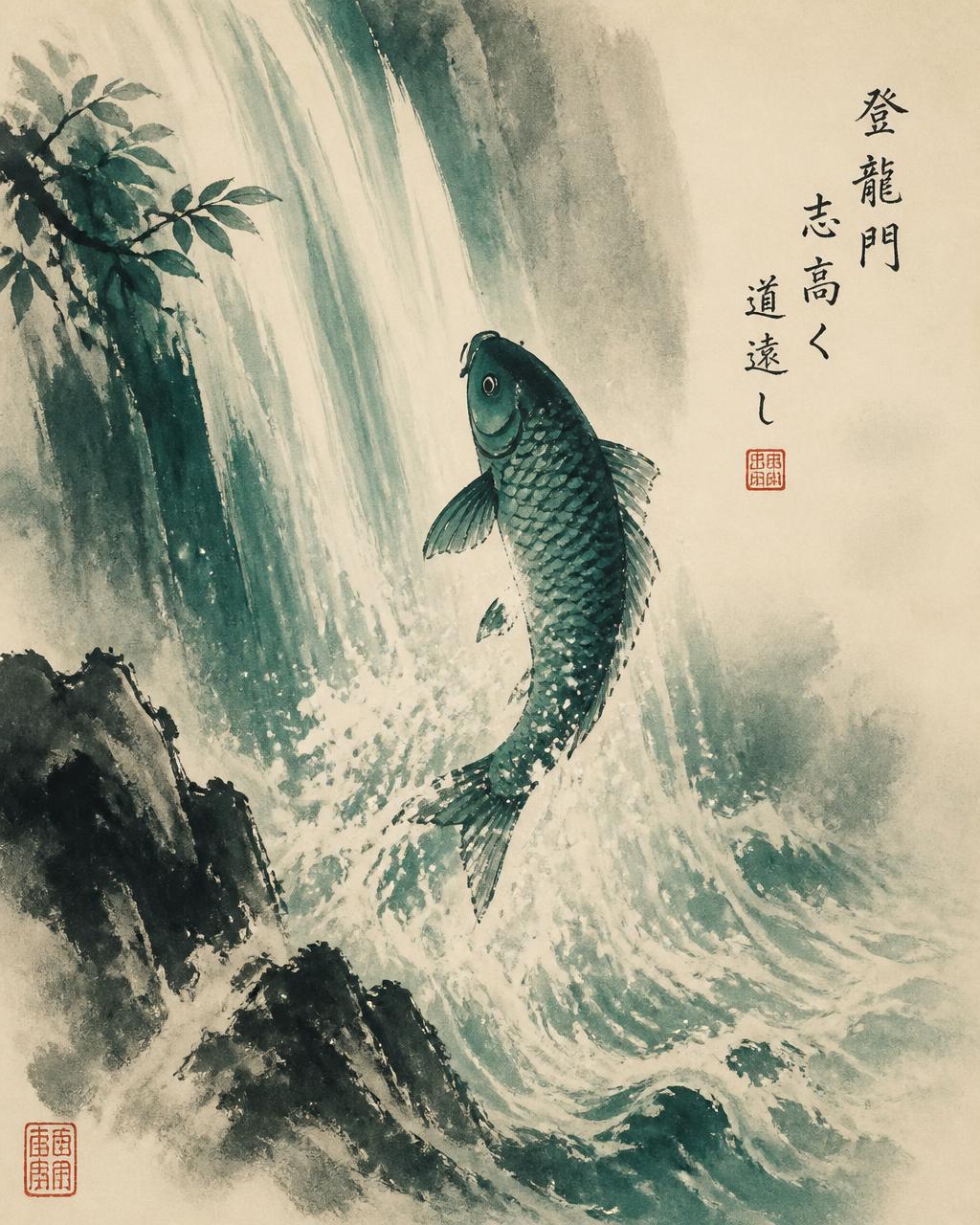 Ink painting of a carp leaping upward through a waterfall