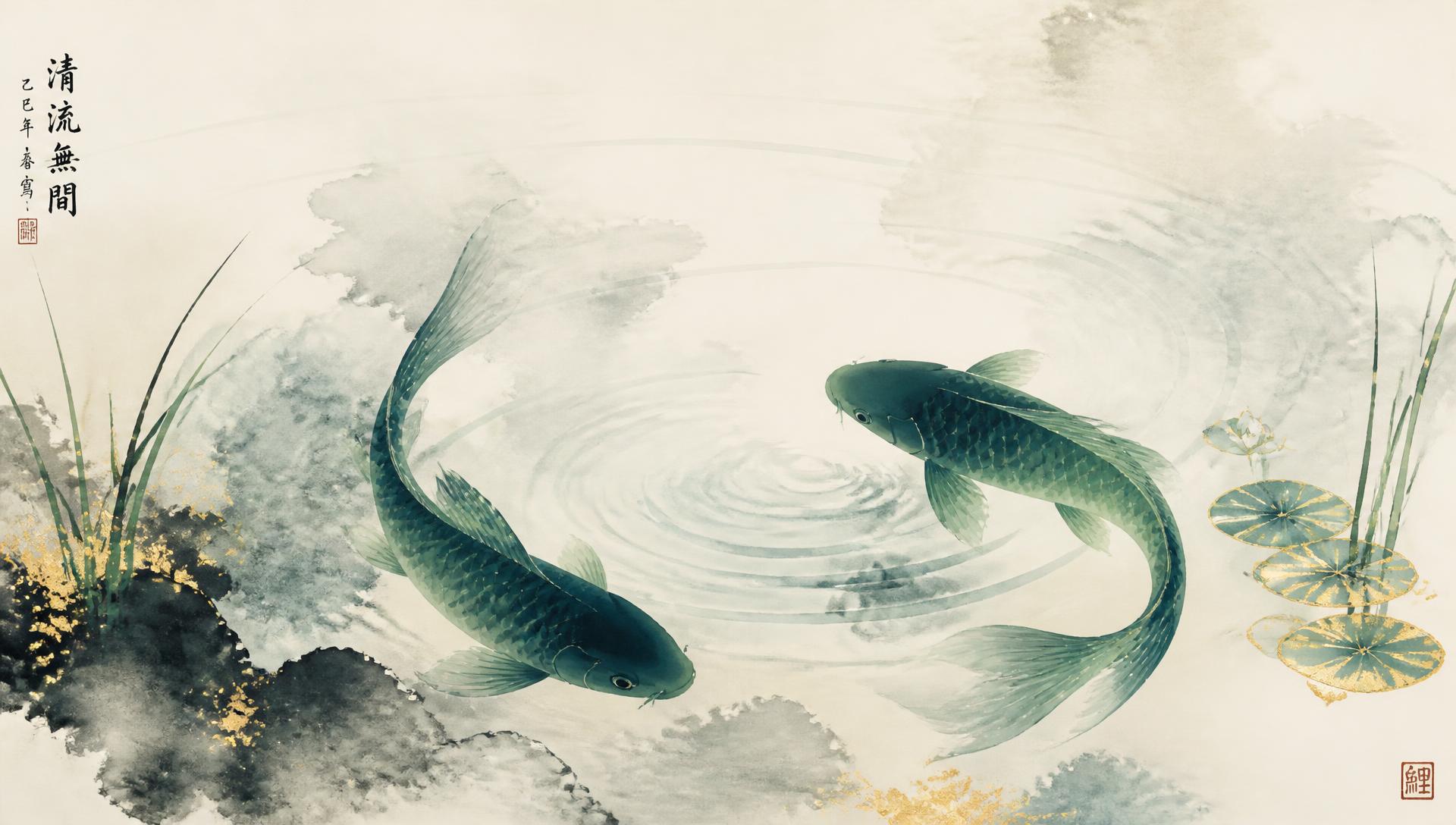 Ink-wash painting of two carp circling in still water