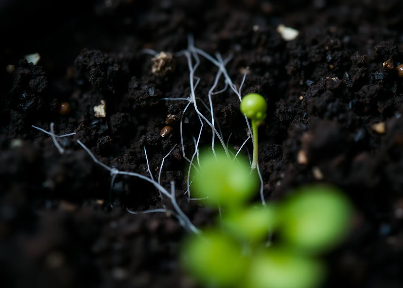 Macro view of dark soil threaded with white mycelium beside a green seedling